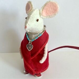 felt mouse art doll dressed in red velvet silver heart necklace hand-sewn